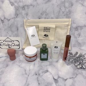 Origins Beauty Set-Beige Mesh Pouch,Cleanser,Lotion,Moisturizer,LipGloss-5pc-NEW